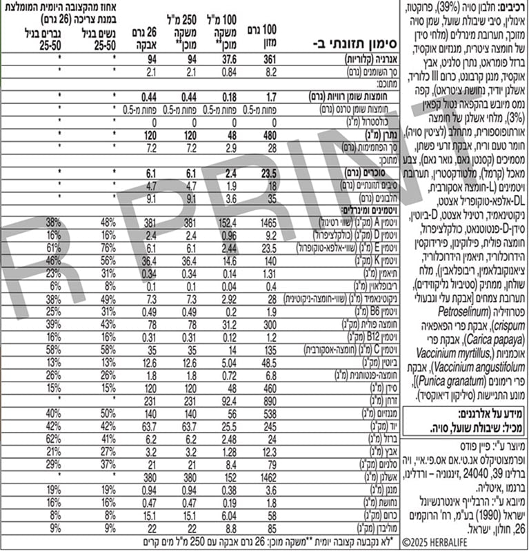 תווית רכיבים, ערכים תזונתיים ומידע על אלרגנים של שייק הרבלייף פורמולה 1 בטעם קפה לאטה