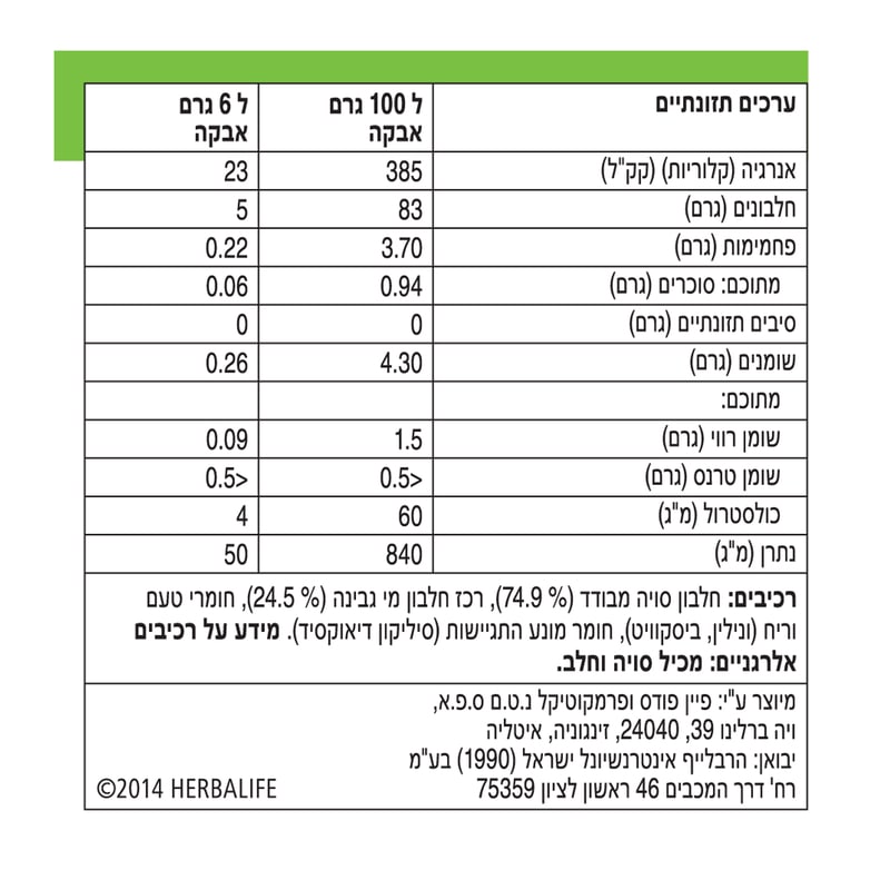 רכיבים וערכים תזונתיים אבקת חלבון