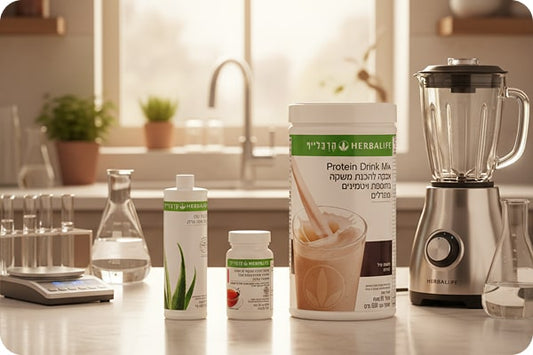 מוצרי הרבלייף ומערבל על רקע מטבח בכתבה עלהאם הרבלייף מסוכן