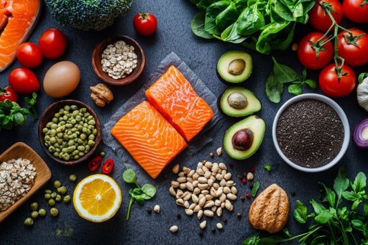 שולחן מלא באוכל עם חלבון - סלמון, אבוקדו, ביצים ועוד