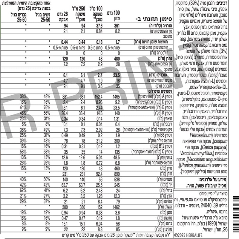 תווית רכיבים, ערכים תזונתיים ומידע על אלרגנים של שייק הרבלייף פורמולה 1 בטעם קפה לאטה