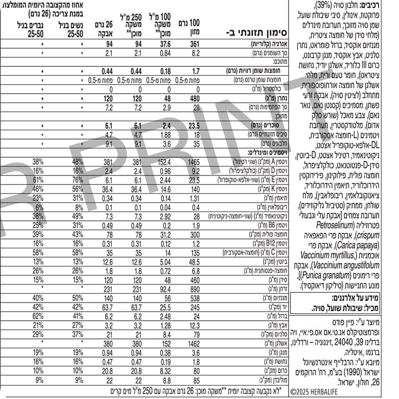 תווית רכיבים, ערכים תזונתיים ומידע על אלרגנים של שייק הרבלייף פורמולה 1 בטעם פירות יער